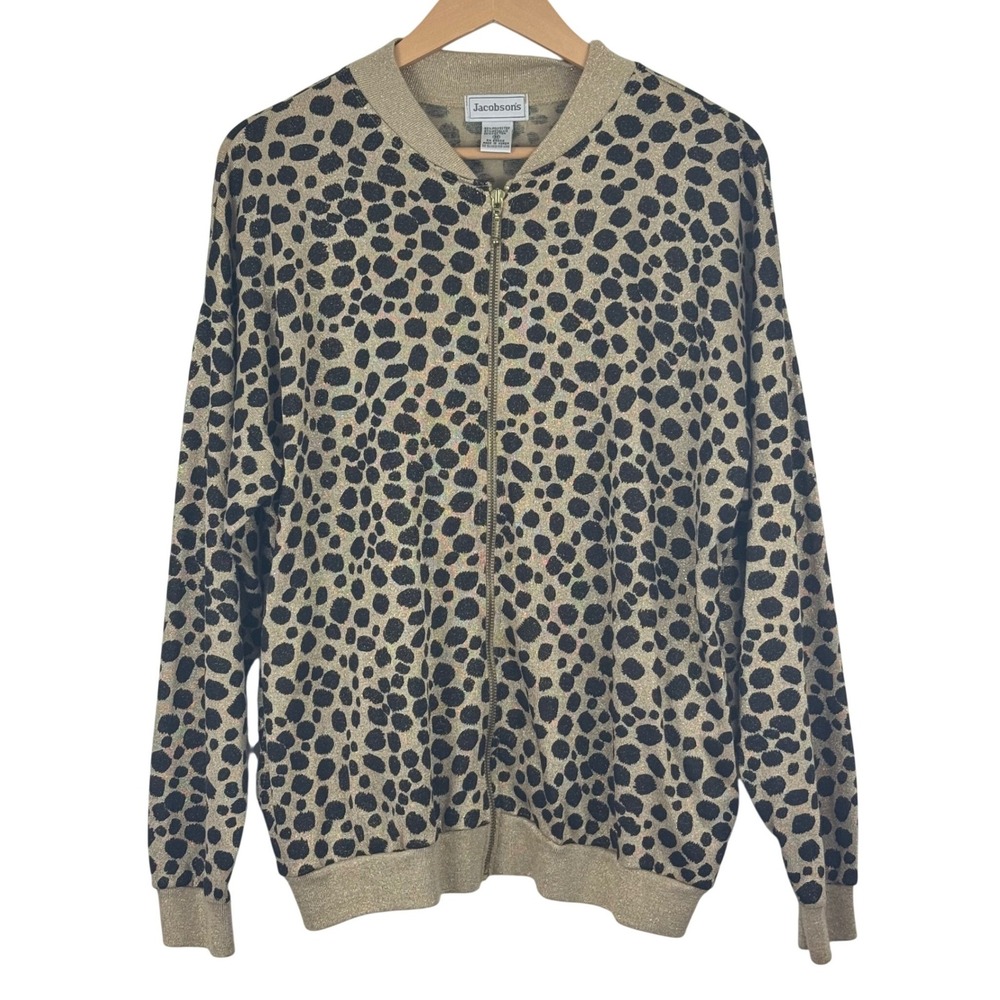 Vintage 90s Leopard Gold Metallic Zip Cardigan Grunge Glam Y2K Mobwife Cheetah